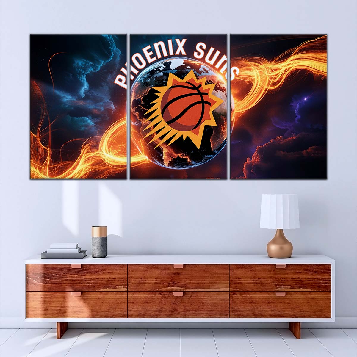 Basketball Wall Art - BK5054 - Phoenix Suns - Fiery Basketball Globe Spotlight - Basketball Poster - Basketball Canvas