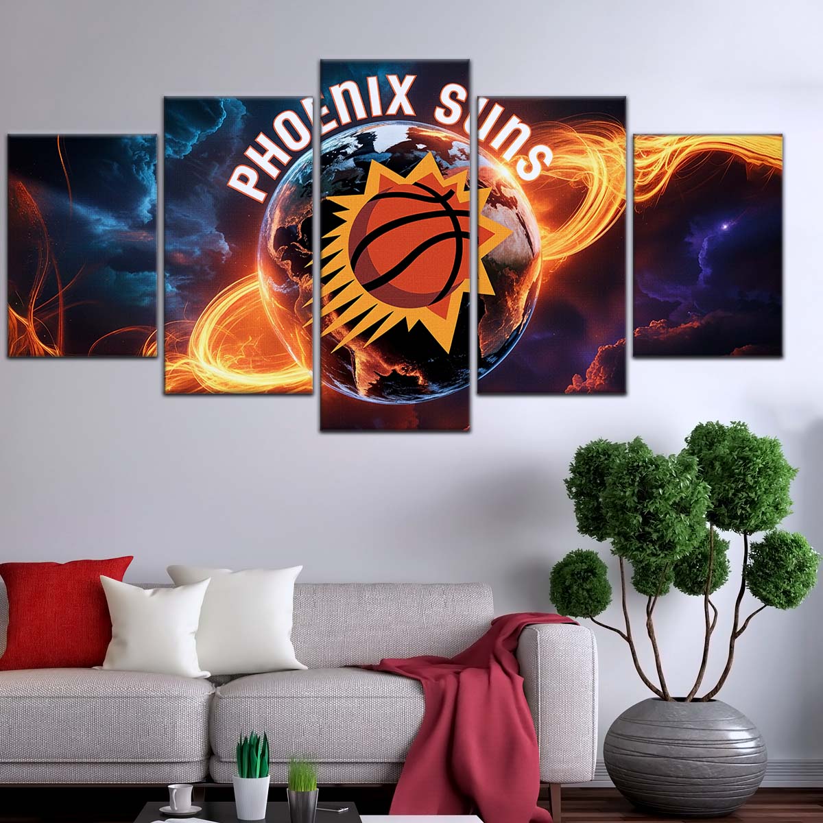 Basketball Wall Art - BK5054 - Phoenix Suns - Fiery Basketball Globe Spotlight - Basketball Poster - Basketball Canvas