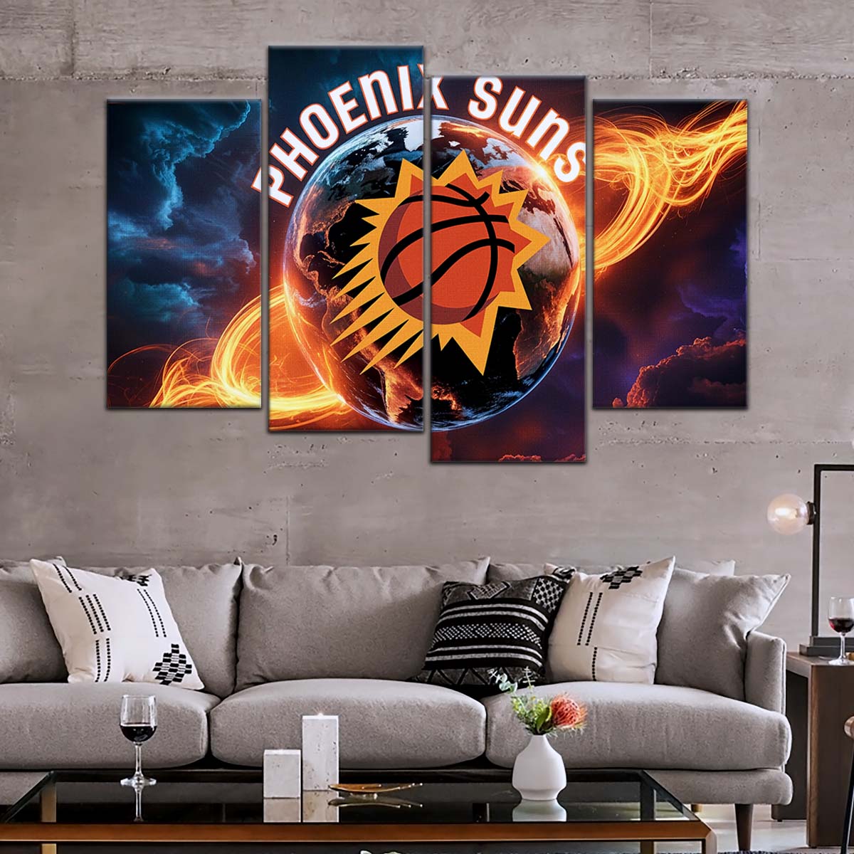 Basketball Wall Art - BK5054 - Phoenix Suns - Fiery Basketball Globe Spotlight - Basketball Poster - Basketball Canvas