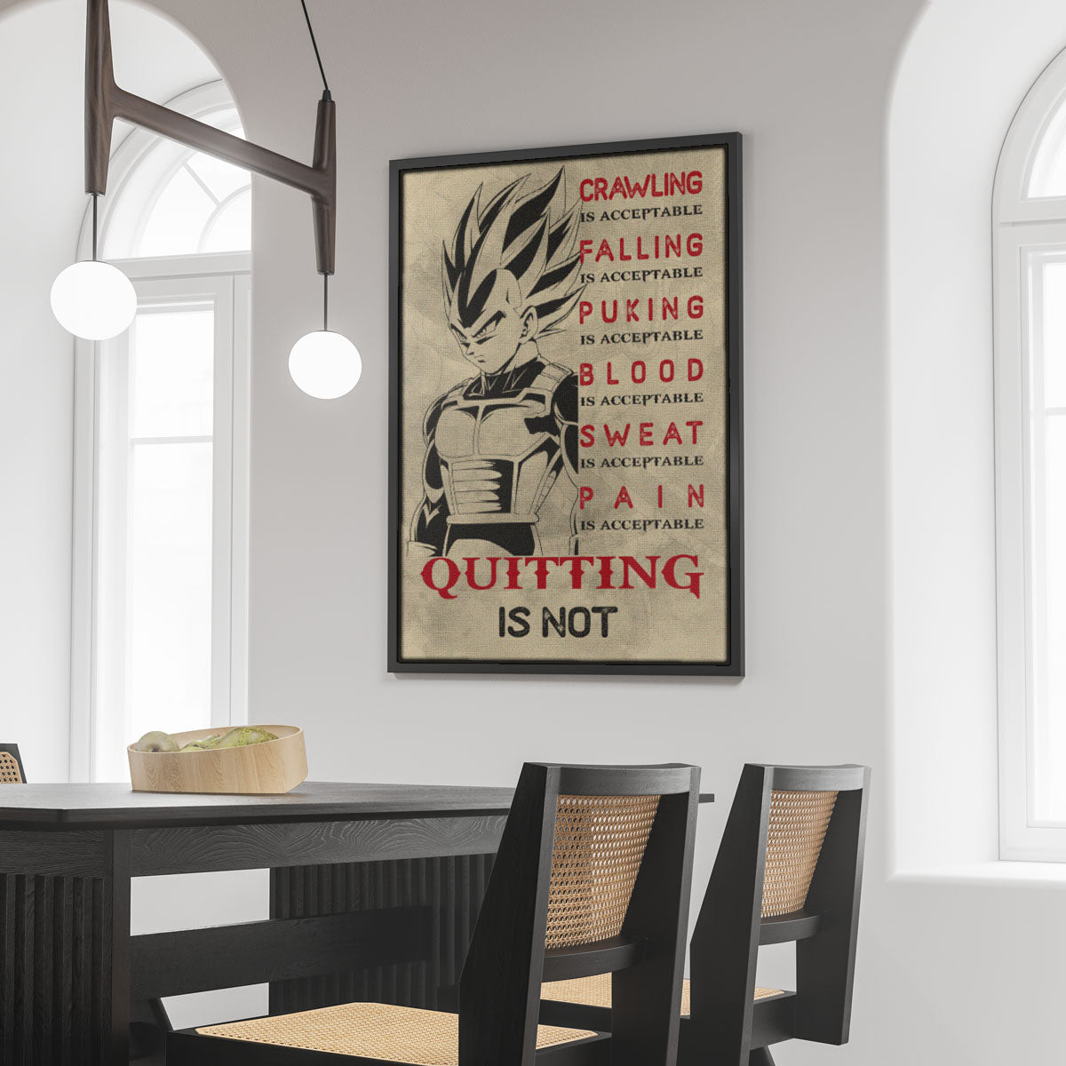 Vegeta Super Saiyan Canvas Wall Art - Dragon Ball Anime Motivational Quote “Quitting Is Not” Print - Ready to Hang Gym Workout Decor - DR014