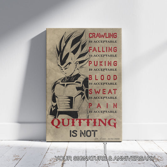 Vegeta Super Saiyan Canvas Wall Art - Dragon Ball Anime Motivational Quote “Quitting Is Not” Print - Ready to Hang Gym Workout Decor - DR014
