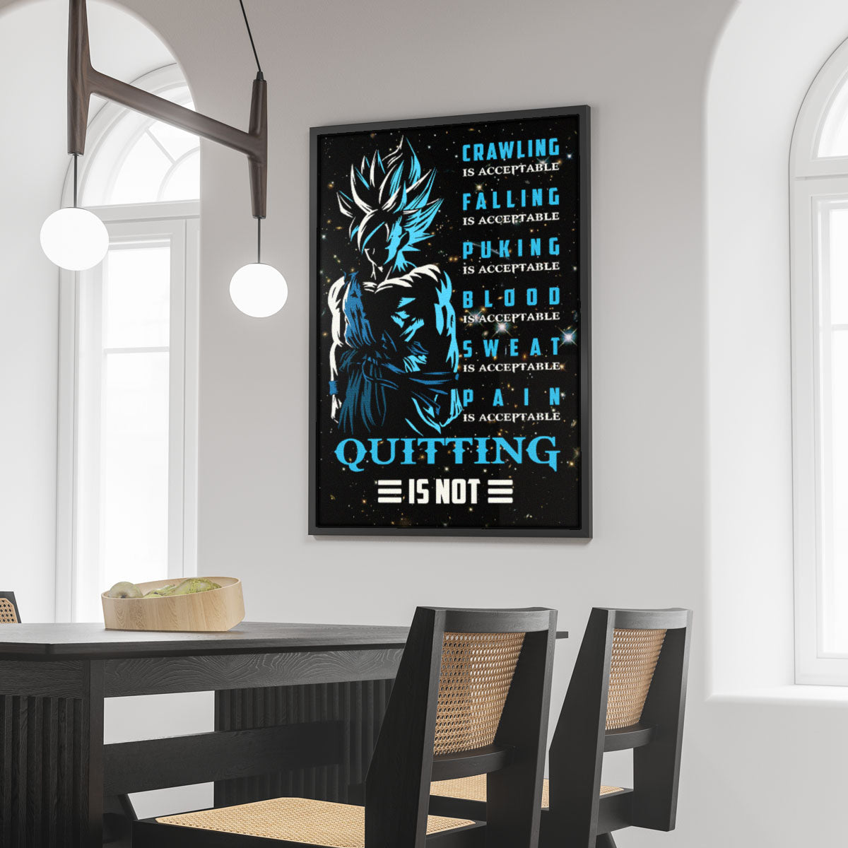 Goku Super Saiyan Blue Canvas Wall Art - Dragon Ball Anime Motivational Quote “Quitting Is Not” Print - Ready to Hang Gym Workout Decor - DR015