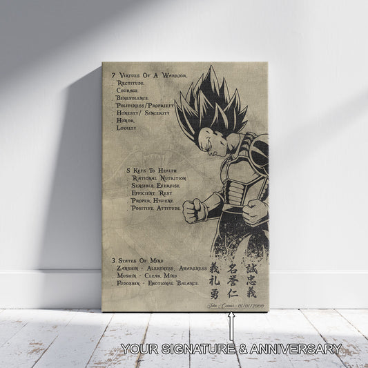 Vegeta Dragon Ball Z Motivational Canvas Wall Art - 7 Virtues of a Warrior & 5 Keys to Health - Anime Poster Room Decor - DR043