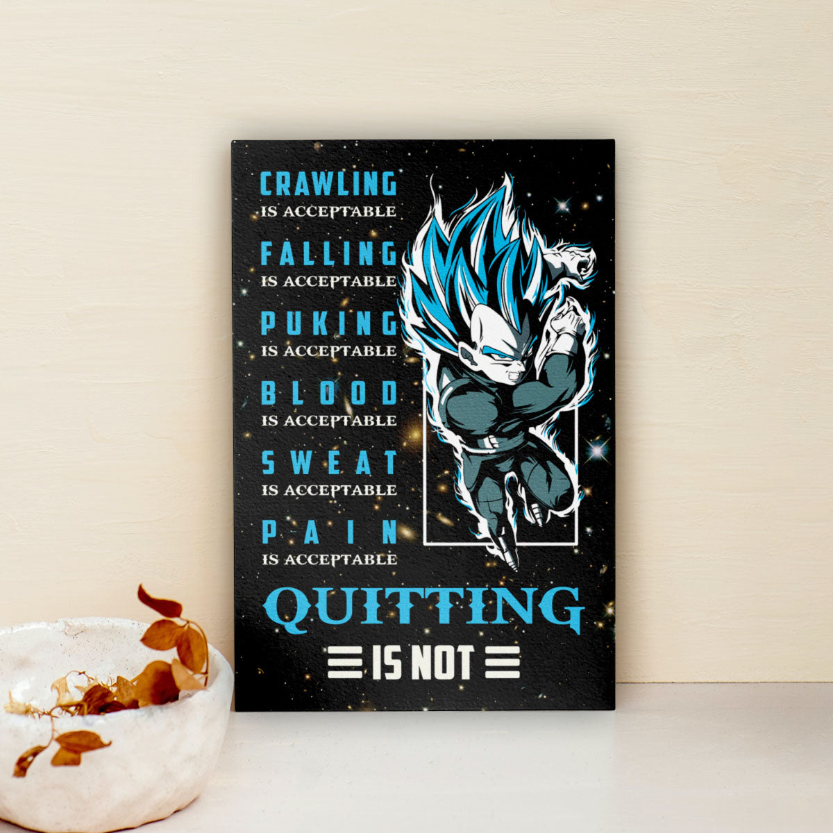 Vegeta Super Saiyan Blue Canvas Wall Art - Dragon Ball Anime Motivational Quote “Quitting Is Not” Print - Ready to Hang Gym Workout Decor - DR056