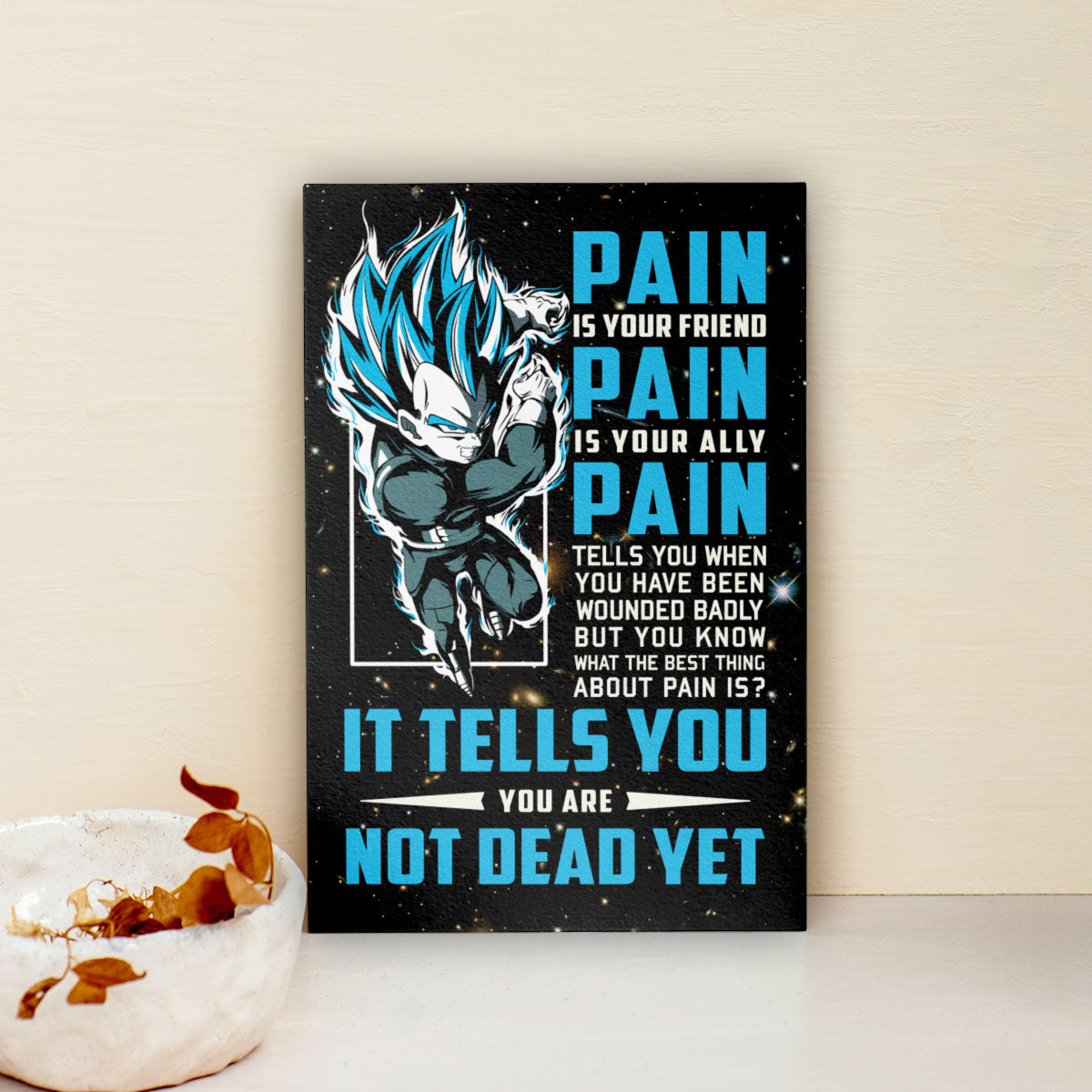 Vegeta Super Saiyan Blue Canvas Wall Art - Dragon Ball Super Motivational "Pain" Print - Ready to Hang Home Office Decor - DR057