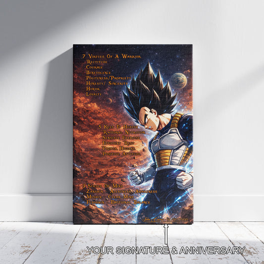 Vegeta Dragon Ball Z Motivational Canvas Wall Art - 7 Virtues of a Warrior & 5 Keys to Health - Anime Poster Room Decor - DR081