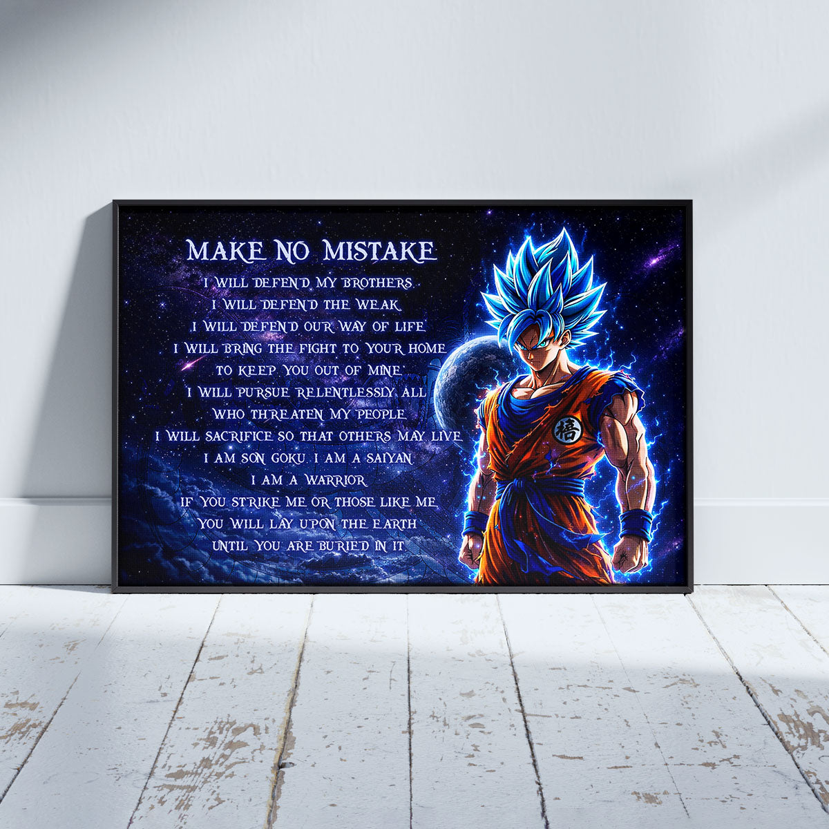 Dragon Ball Super Saiyan Blue Goku Canvas Wall Art - Make No Mistake - Motivational Quote Print - Ready to Hang Office Living Room Decor - DR094