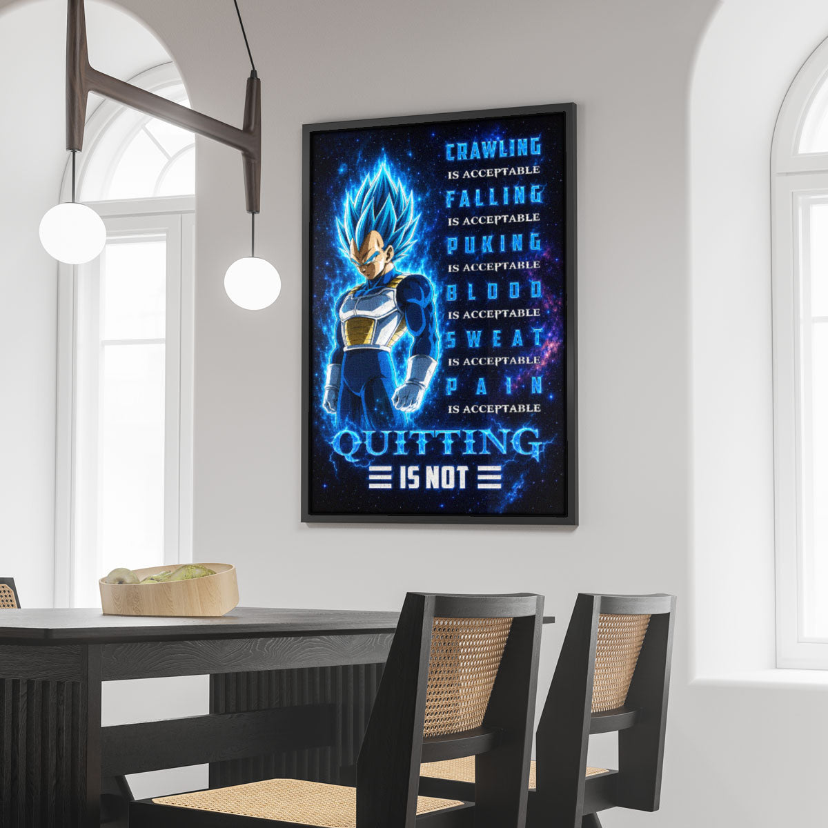 Vegeta Super Saiyan Blue Canvas Wall Art - Dragon Ball Anime Motivational Quote “Quitting Is Not” Print - Ready to Hang Gym Workout Decor - DR104