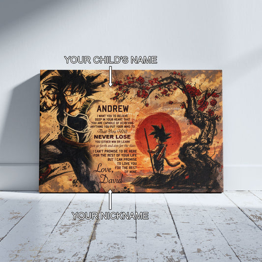 Dragon Ball Bardock and Kid Goku Canvas Wall Art - To My Son From Dad Meaningful Gift for Son - DBZ Anime Ready to Hang Son Room Decor - DR107