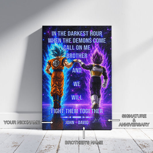 Dragon Ball Super Saiyan Blue Goku & Ultra Ego Vegeta Canvas Wall Art - Motivational Quote “Brother” - Ready to Hang Home Office Decor - DR116