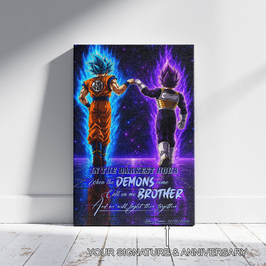 Dragon Ball Super Saiyan Blue Goku & Ultra Ego Vegeta Canvas Wall Art - Motivational Quote “Brother” - Ready to Hang Home Office Decor - DR122