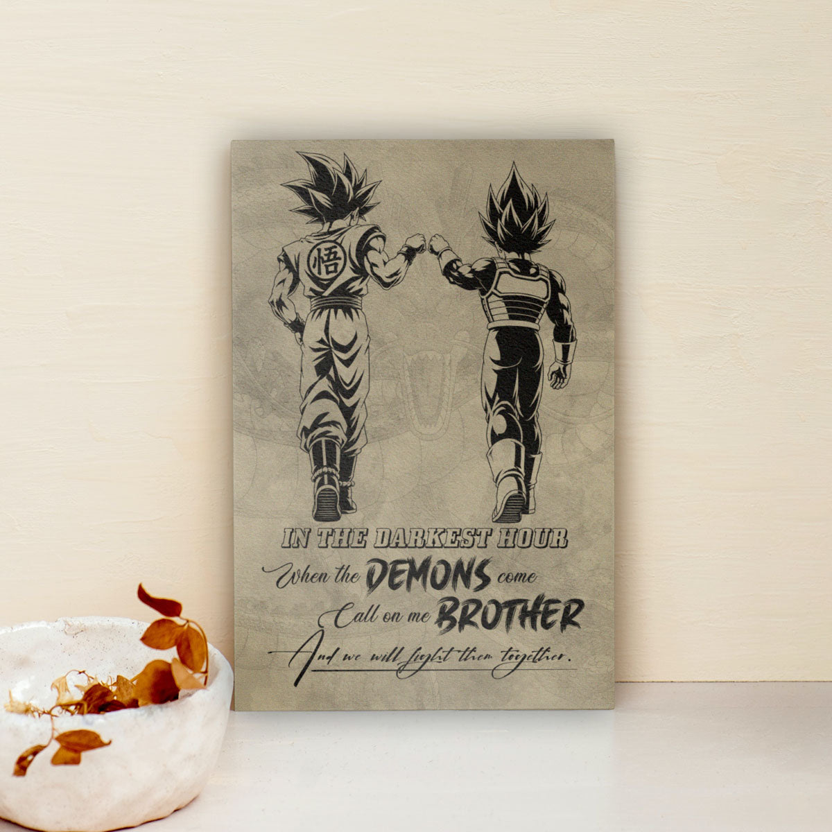 Dragon Ball Super Saiyan Blue Goku & Ultra Ego Vegeta Canvas Wall Art - Motivational Quote “Brother” - Ready to Hang Home Office Decor - DR128