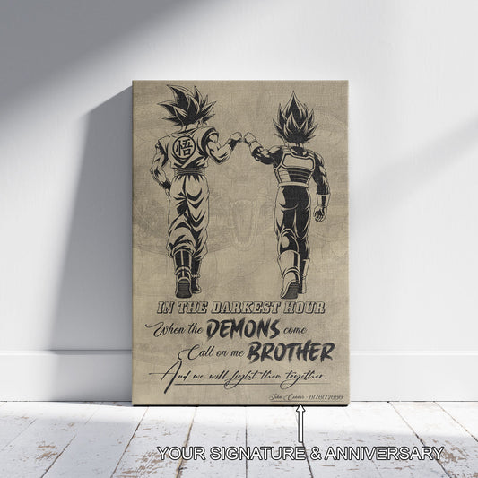 Dragon Ball Super Saiyan Blue Goku & Ultra Ego Vegeta Canvas Wall Art - Motivational Quote “Brother” - Ready to Hang Home Office Decor - DR128