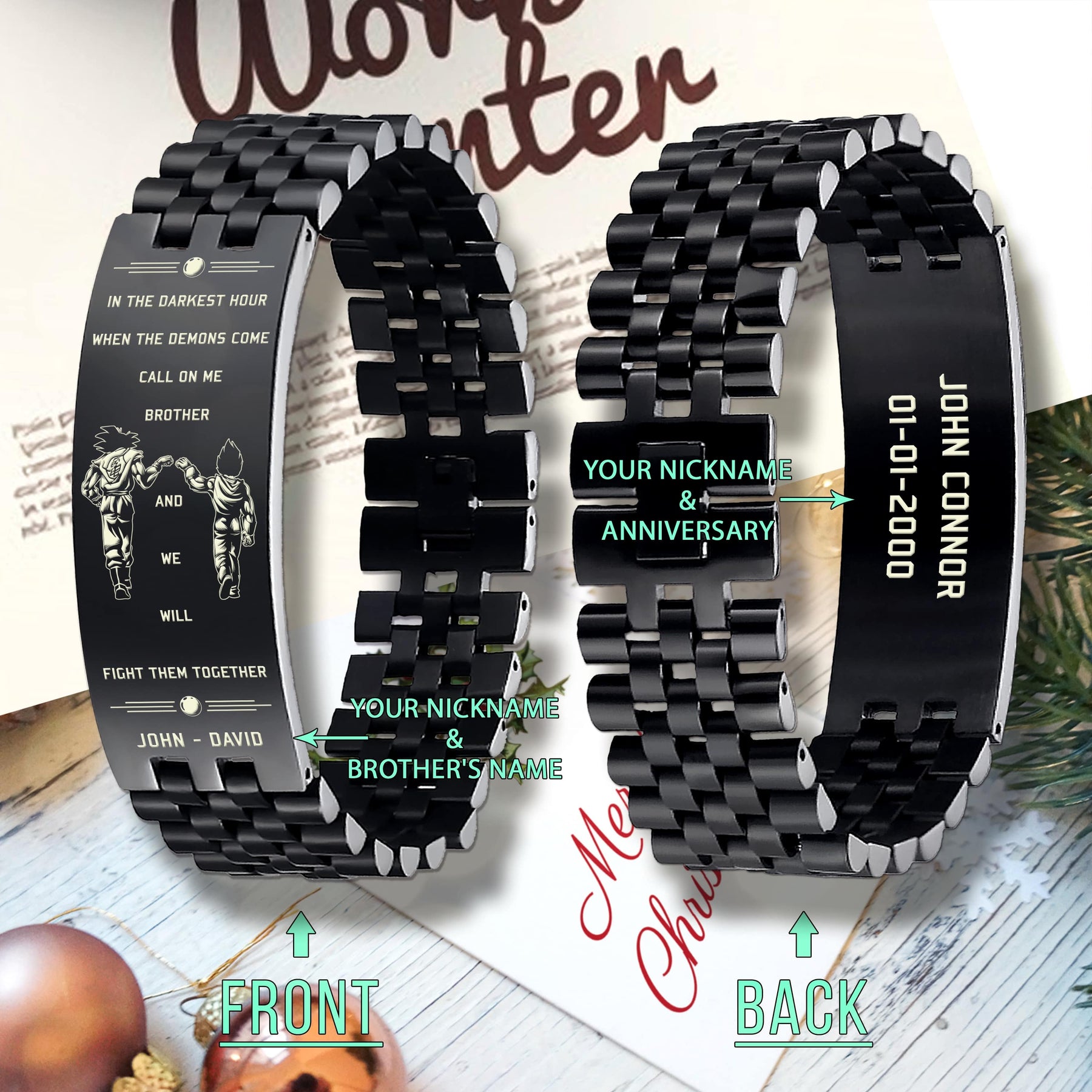 DRB004 - Call On Me Brother - English - Goku - Vegeta - Dragon Ball - Black Engrave Bracelet