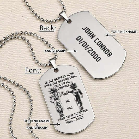 Personalized Dragon Ball Z Goku & Vegeta Brother Dog Tag Necklace - "Call On Me Brother" Engraved Stainless Steel Military Pendant Gift for Men