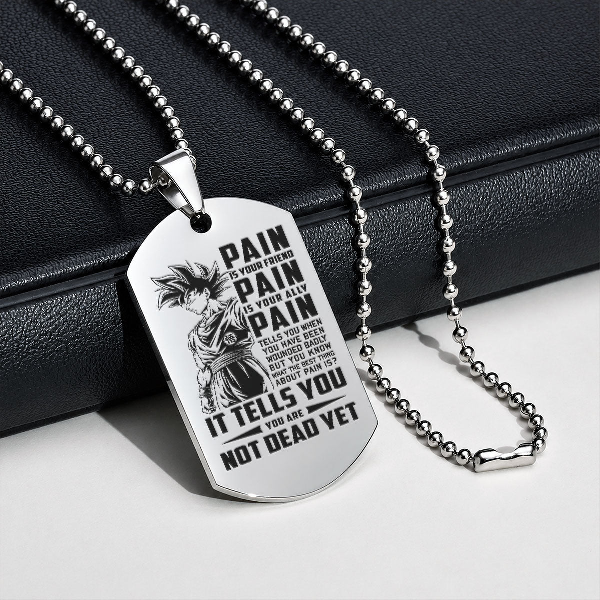 Personalized Dragon Ball Z Goku Dog Tag Necklace - “PAIN - You are Not Dead Yet” Engraved Stainless Steel Military Pendant Gift for Men