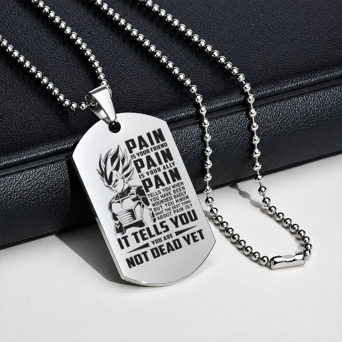 Personalized Dragon Ball Z Vegeta Dog Tag Necklace - “PAIN - You are Not Dead Yet” Engraved Stainless Steel Military Pendant Gift for Men