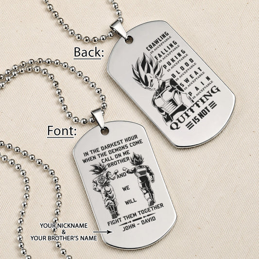 Personalized Dragon Ball Z Goku & Vegeta Brother Dog Tag Necklace - "Quitting Is Not" Engraved Stainless Steel Military Pendant Gift for Men