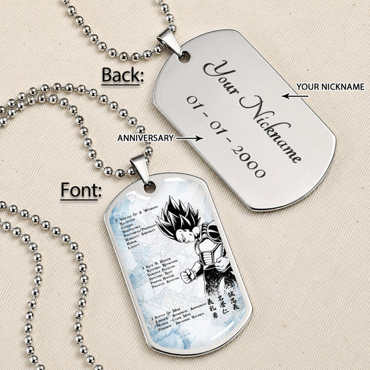 Custom Dragon Ball Vegeta Dog Tag Necklace - Motivational Quote “7 Virtues of a Warrior & 5 Keys to Health” Stainless Steel Pendant - Gift for DBZ Fans - DRDL043