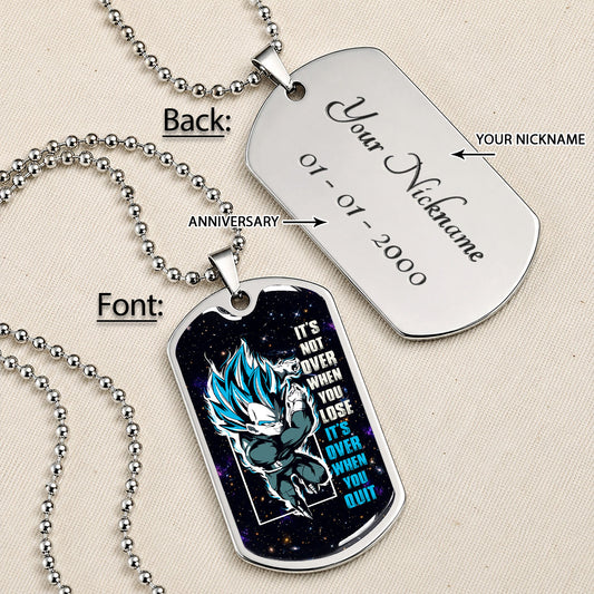Custom Dragon Ball Saiyan Blue Vegeta Dog Tag Necklace - Motivational Quote “It's Not Over When You Lose” Stainless Steel Pendant - Gift for DBZ Fans - DRDL049