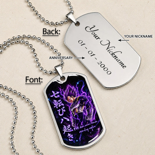 Custom Dragon Ball Ultra Ego Vegeta Dog Tag Necklace - Fall Down Seven Times Stand Up Eight” Stainless Steel Pendant - Anime Gift for DBZ Fans - DRDL106