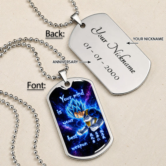 Custom Dragon Ball Super Saiyan Blue Vegeta Dog Tag Necklace - “Your Mind Is Your Best Weapon” Stainless Steel Pendant - Motivational Gift for DBZ Fans - DRDL109