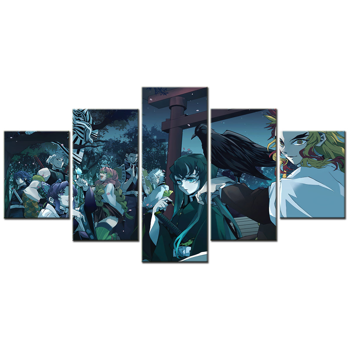 demon slayer - kimetsu no yaiba - 5 pieces wall art - rengoku kyoujurou - tokitou muichirou - shinazugawa sanemi - himejima gyoumei - kanroji mitsuri - kochou shinobu - uzui tengen - demon slayer poster - demon slayer wall art