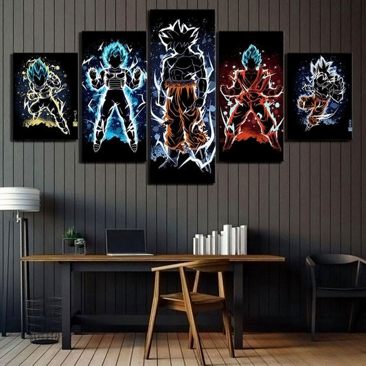 Dragon Ball - 5 Pieces Wall Art - Goku - Vegeta - Super Saiyan Blue - Mastered Ultra Instinct Goku - Printed Wall Pictures Home Decor - Dragon Ball Poster - Dragon Ball Canvas