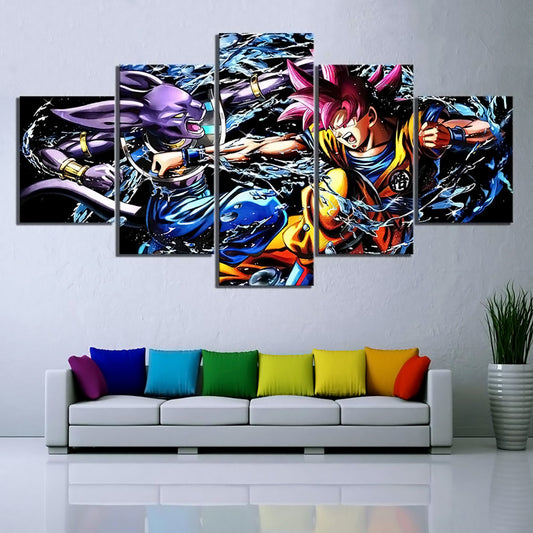 Dragon Ball - 5 Pieces Wall Art - Beerus - Goku Super Saiyan God - Fight - Printed Wall Pictures Home Decor - Dragon Ball Poster - Dragon Ball Canvas