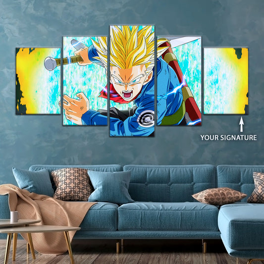 Dragon Ball Super Future Trunks Canvas Wall Art - 5 Piece Split Panel DBZ Anime Poster - Framed Ready to Hang Living Room Man Cave Decor - DR5106