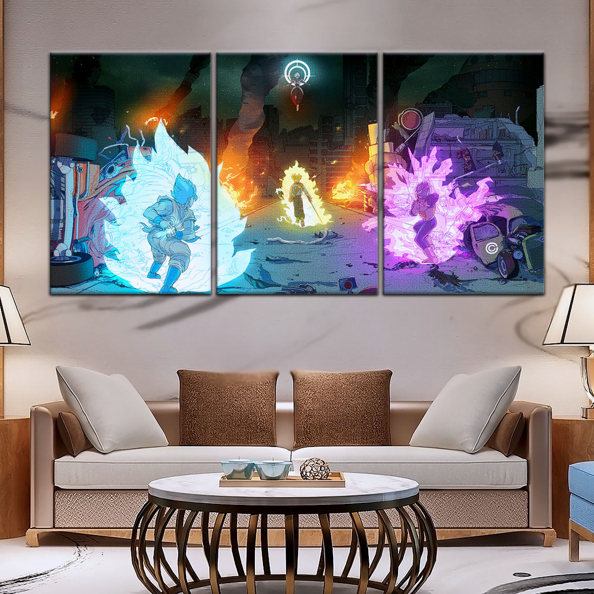 Dragon Ball Super Goku Vegeta vs Zamasu Canvas Wall Art - 5 Piece Split Panel DBZ Poster - Framed Ready to Hang Living Room Man Cave Decor - DR5060