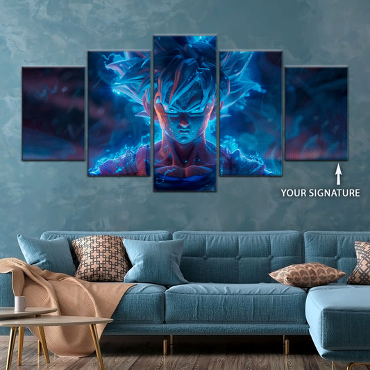 Dragon Ball Super Saiyan Blue Goku Canvas Wall Art - 5 Piece Split Panel DBZ Anime Poster - Framed Ready to Hang Living Room Man Cave Decor - DR5052