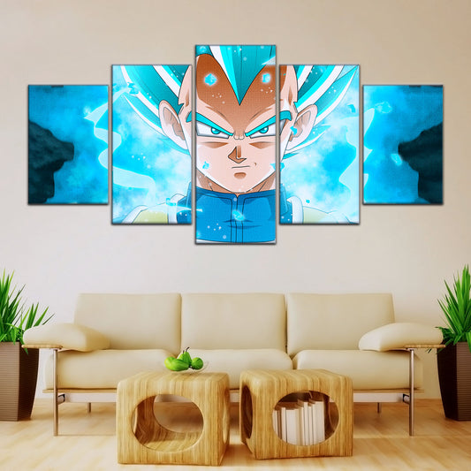 Dragon Ball Super Saiyan Blue Vegeta Canvas Wall Art - 5 Piece Split Panel DBZ Anime Poster - Framed Ready to Hang Living Room Man Cave Decor - DR5118