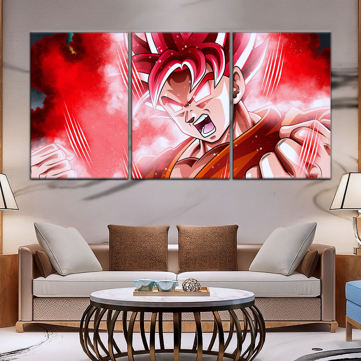 Dragon Ball Super Saiyan God Goku Canvas Wall Art - 5 Piece Split Panel DBZ Anime Poster - Framed Ready to Hang Living Room Man Cave Decor - DR5057