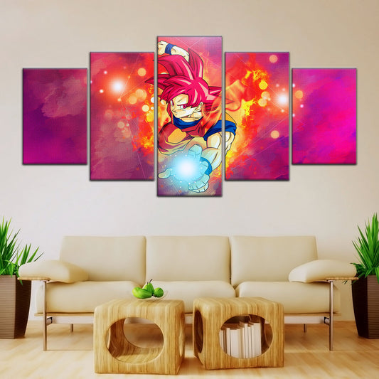 Dragon Ball Super Saiyan God Goku Canvas Wall Art - 5 Piece Split Panel DBZ Anime Poster - Framed Ready to Hang Living Room Man Cave Decor - DR5081