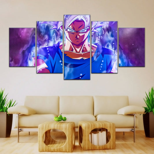 Dragon Ball Super Ultra Instinct Goku Canvas Wall Art - 5 Piece Split Panel DBZ Anime Poster - Ready to Hang Living Room Man Cave Decor - DR5090