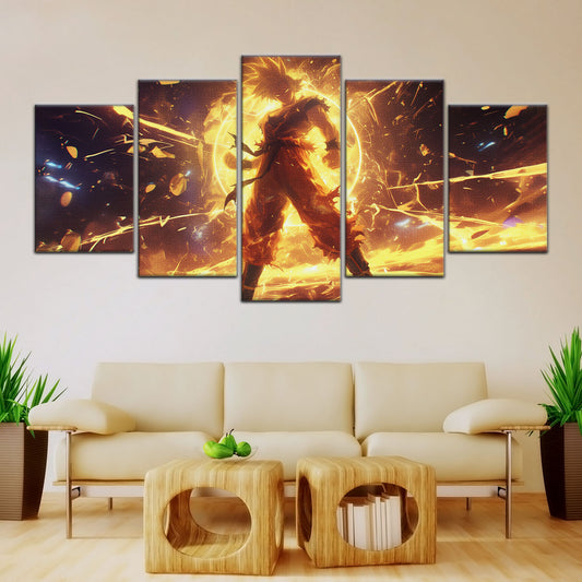 Dragon Ball Z Goku Super Saiyan Canvas Wall Art - 5 Piece Split Panel Anime Poster - Framed Ready to Hang Living Room Man Cave Decor - DR5042