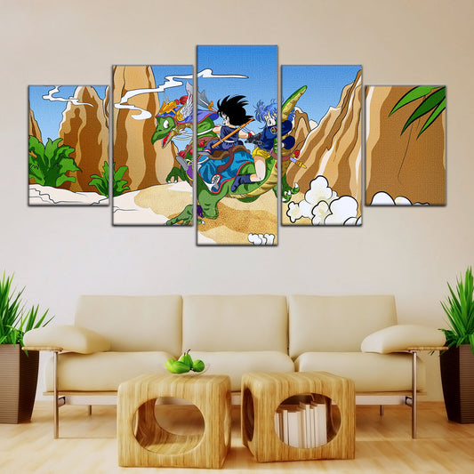 Dragon Ball Z Goku & Bulma Riding Dragon Canvas Wall Art - 5 Piece Split Panel Anime Poster - Framed Ready to Hang Living Room Man Cave Decor - DR5067