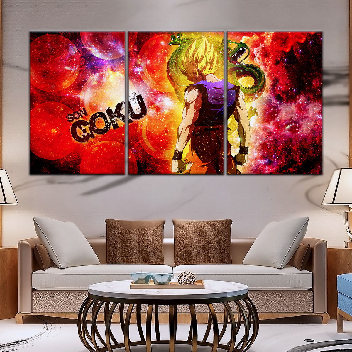Dragon Ball Z Goku and Shenron Canvas Wall Art - 5 Piece Split Panel Anime Poster - Framed Ready to Hang Living Room Man Cave Decor - DR5070