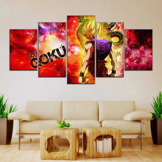 Dragon Ball Z Goku and Shenron Canvas Wall Art - 5 Piece Split Panel Anime Poster - Framed Ready to Hang Living Room Man Cave Decor - DR5070