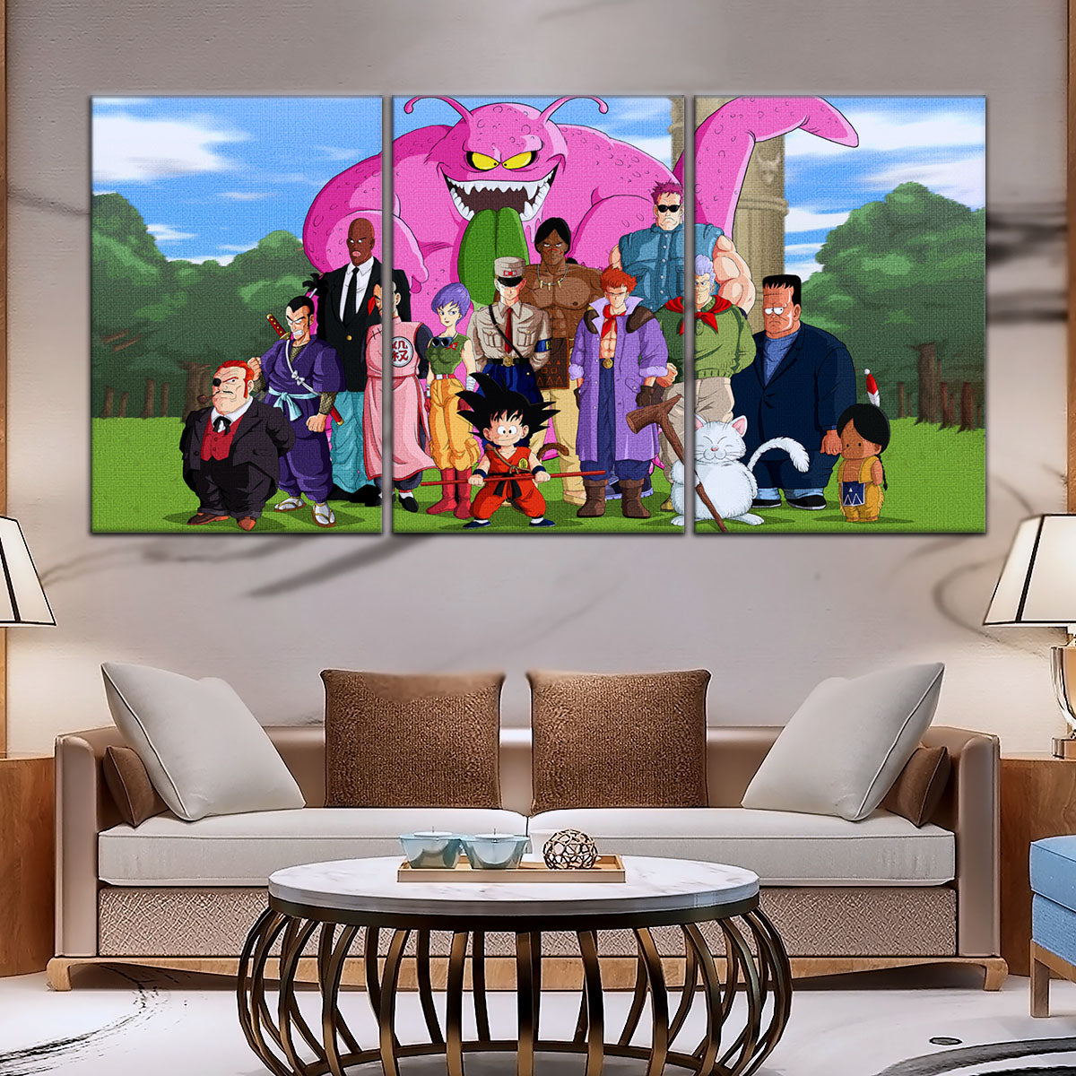 Dragon Ball Z Goku vs Red Ribbon Army Canvas Wall Art - 5 Piece Split Panel Anime Poster - Framed Ready to Hang Living Room Man Cave Decor - DR5068