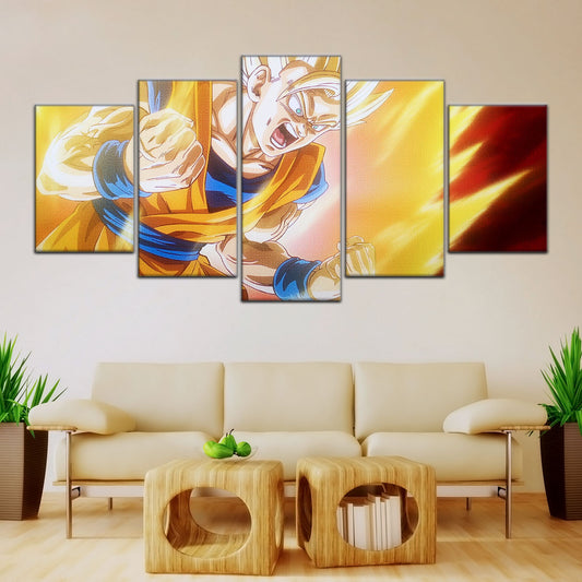 Dragon Ball Z Super Saiyan Goku Canvas Wall Art - 5 Piece Split Panel Anime Poster - Framed Ready to Hang Living Room Man Cave Decor - DR5043