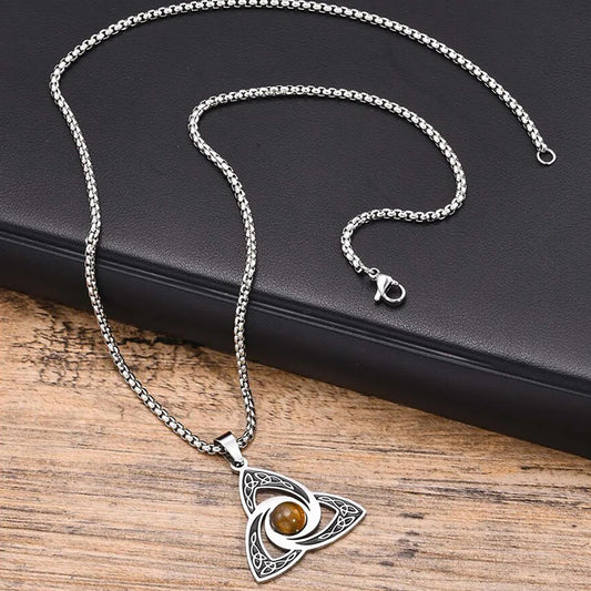 Viking - Ethnic Celtic Knot Necklaces for Men, Stainless Steel Tiger Eye Stone Charm Choker Collar