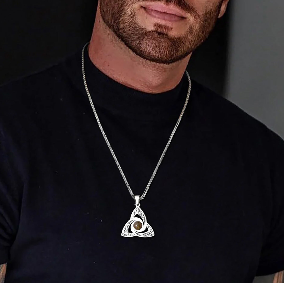 Viking - Ethnic Celtic Knot Necklaces for Men, Stainless Steel Tiger Eye Stone Charm Choker Collar