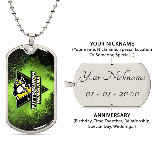 Ice Hockey - HKD011 - Pittsburgh Penguins - Neon Ice Emblem - Ice Hockey Dog Tag - Military Ball Chain - Luxury Dog Tag