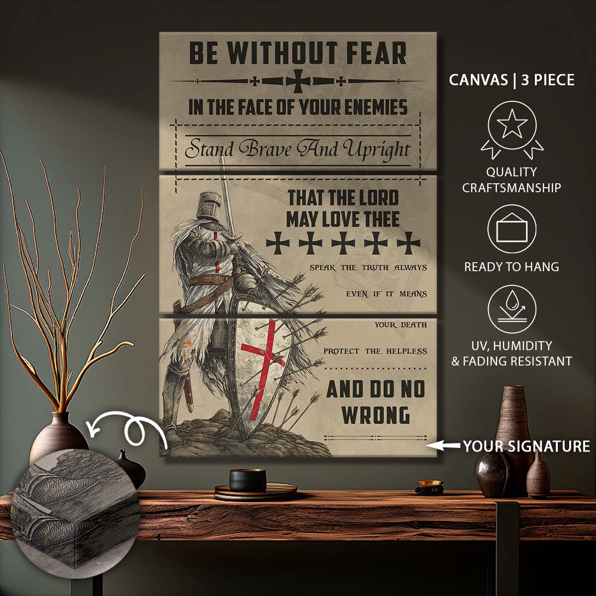 Knight Templar - 3 Piece Wall Art - KT017 - Be Without Fear - Knight Templar Canvas