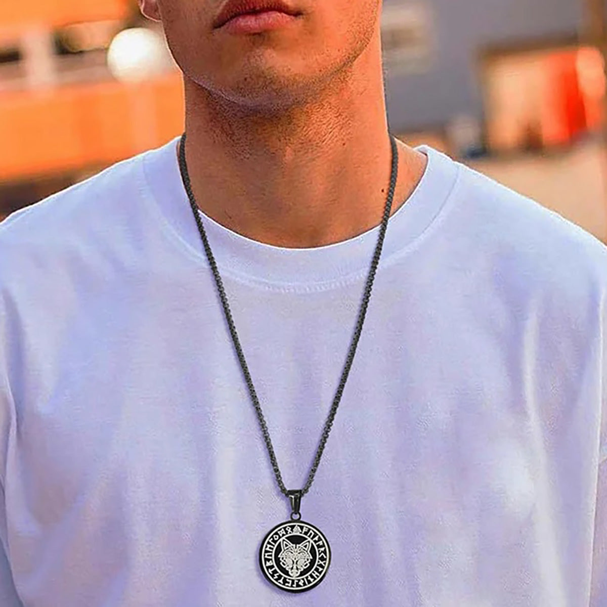 Viking - Men Viking Wolf Necklace, Stainless Steel Viking Compass Rune Almut Animal Pendant with Box Chain, Punk Rock Boy Collar