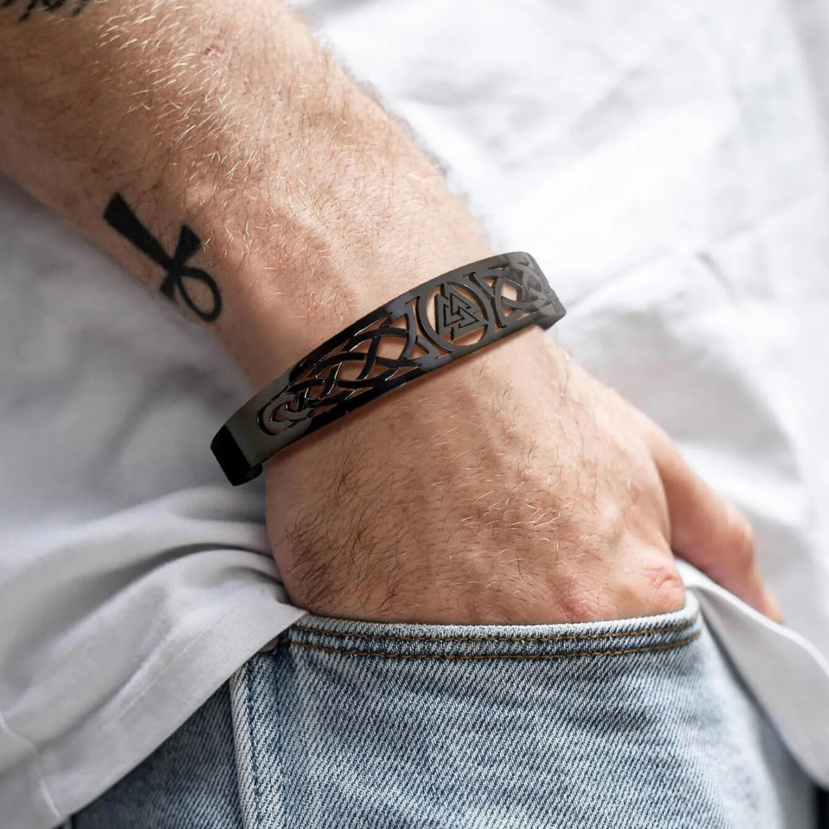 Viking - Nordic Viking Knot Bracelets for Men, Black Silver Color Hollow Stainless Steel Cuff Bangle, Amulet Protection Wristband