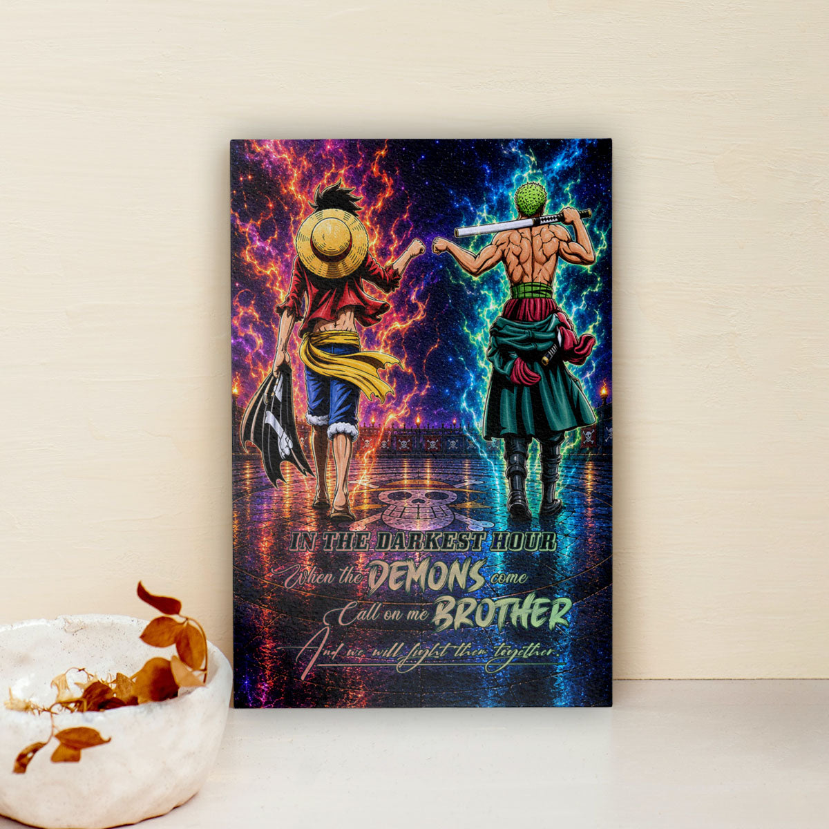 One Piece Luffy Zoro Canvas Wall Art - Call On Me Brother - Brotherhood Quote Poster & Framed Ready to Hang Living Room Man Cave Decor - OP010