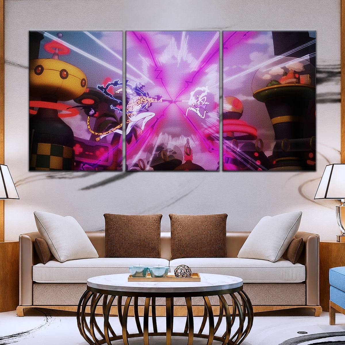 One Piece Canvas Wall Art - Luffy Gear 5 Vs Rob Lucci 5 Piece Split Panel Anime Poster - Framed Ready to Hang Living Room & Man Cave Decor - OP5001